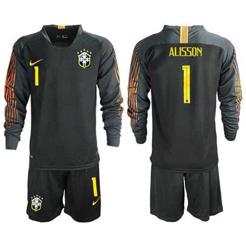 Brazil #1 Alisson Black Goalkeeper Long Sleeves Soccer Country Jersey Brazil #1 Alisson Black Goalkeeper Long Sleeves Soccer Country Jersey
