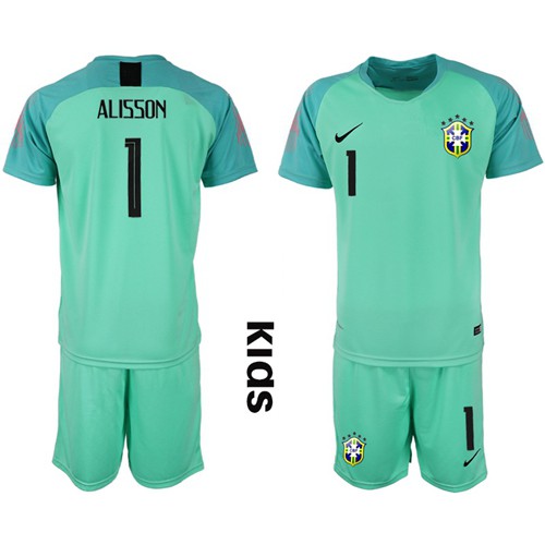 Brazil #1 Alisson Green Goalkeeper Kid Soccer Country Jersey Brazil #1 Alisson Green Goalkeeper Kid Soccer Country Jersey