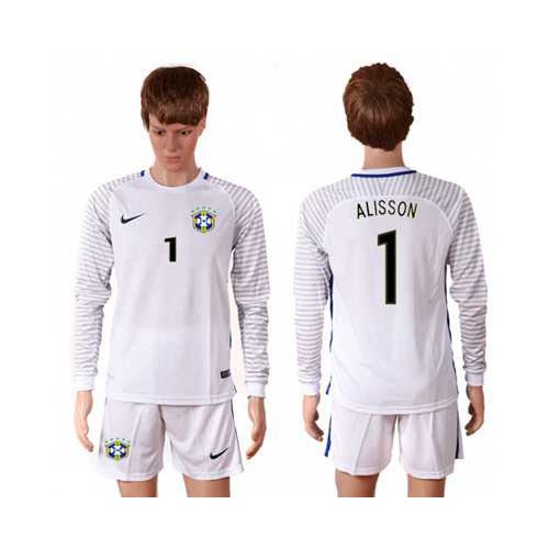 Brazil #1 Alisson White Goalkeeper Long Sleeves Soccer Country Jersey Brazil #1 Alisson White Goalkeeper Long Sleeves Soccer Country Jersey