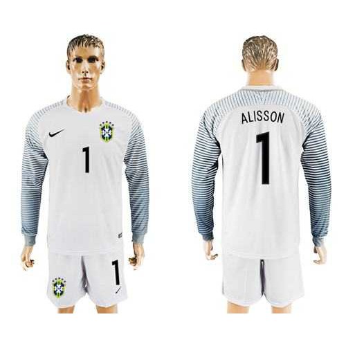 Brazil #1 Alisson White Goalkeeper Long Sleeves Soccer Country Jersey Brazil #1 Alisson White Goalkeeper Long Sleeves Soccer Country Jersey