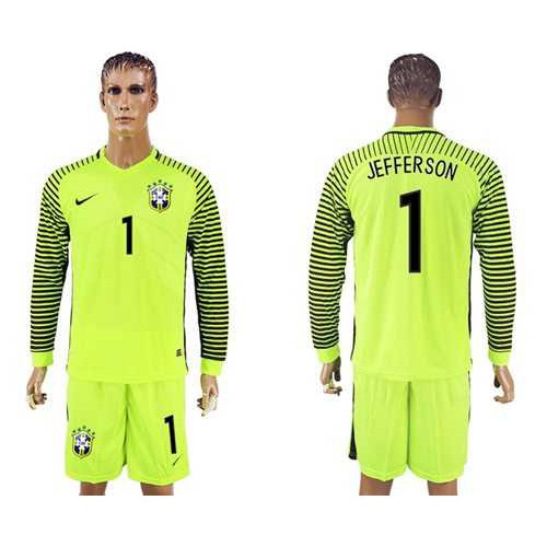 Brazil #1 Jefferson Green Long Sleeves Goalkeeper Soccer Country Jersey Brazil #1 Jefferson Green Long Sleeves Goalkeeper Soccer Country Jersey