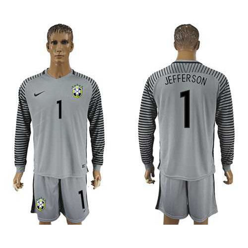 Brazil #1 Jefferson Grey Goalkeeper Long Sleeves Soccer Country Jersey Brazil #1 Jefferson Grey Goalkeeper Long Sleeves Soccer Country Jersey