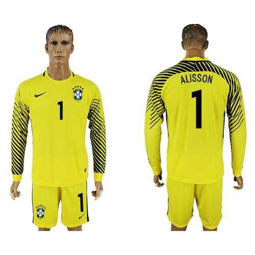 Brazil #1 Alisson Yellow Goalkeeper Long Sleeves Soccer Country Jersey Brazil #1 Alisson Yellow Goalkeeper Long Sleeves Soccer Country Jersey