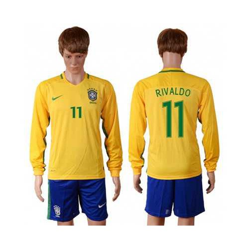 Brazil #11 Rivaldo Home Long Sleeves Soccer Country Jersey Brazil #11 Rivaldo Home Long Sleeves Soccer Country Jersey