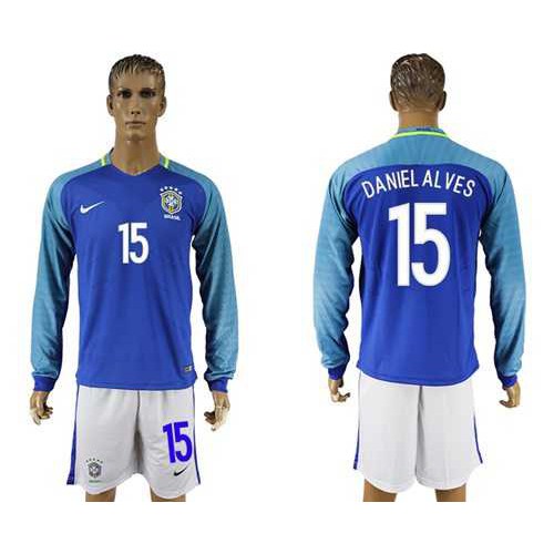 Brazil #15 Daniel Alves Away Long Sleeves Soccer Country Jersey Brazil #15 Daniel Alves Away Long Sleeves Soccer Country Jersey