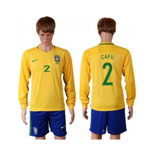 Brazil #2 Cafu Home Long Sleeves Soccer Country Jersey Brazil #2 Cafu Home Long Sleeves Soccer Country Jersey