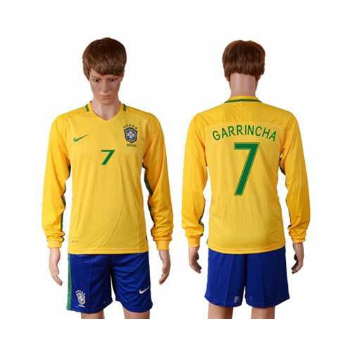 Brazil #7 Garrincha Home Long Sleeves Soccer Country Jersey Brazil #7 Garrincha Home Long Sleeves Soccer Country Jersey