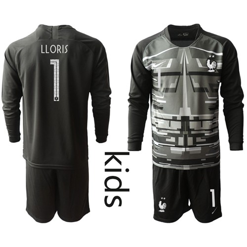 France #1 Lloris Black Goalkeeper Long Sleeves Kid Soccer Country Jersey France #1 Lloris Black Goalkeeper Long Sleeves Kid Soccer Country Jersey