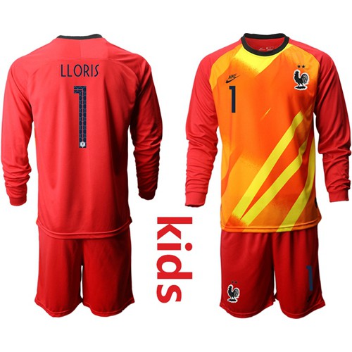 France #1 Lloris Red Goalkeeper Long Sleeves Kid Soccer Country Jersey France #1 Lloris Red Goalkeeper Long Sleeves Kid Soccer Country Jersey