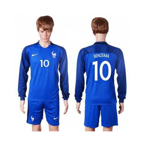 France #10 Benzema Home Long Sleeves Soccer Country Jersey France #10 Benzema Home Long Sleeves Soccer Country Jersey