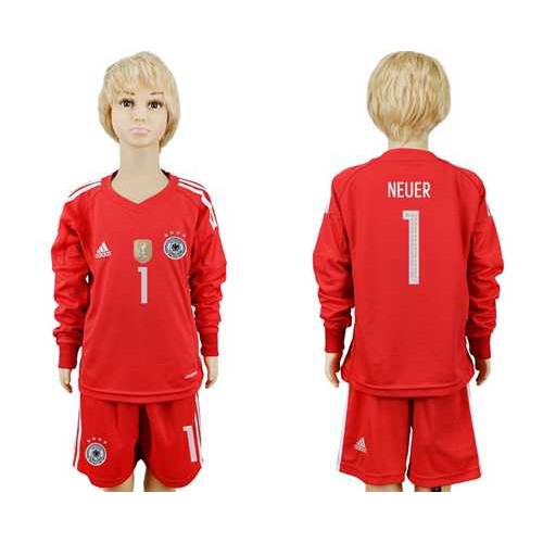 Germany #1 Neuer Red Goalkeeper Long Sleeves Kid Soccer Country Jersey Germany #1 Neuer Red Goalkeeper Long Sleeves Kid Soccer Country Jersey