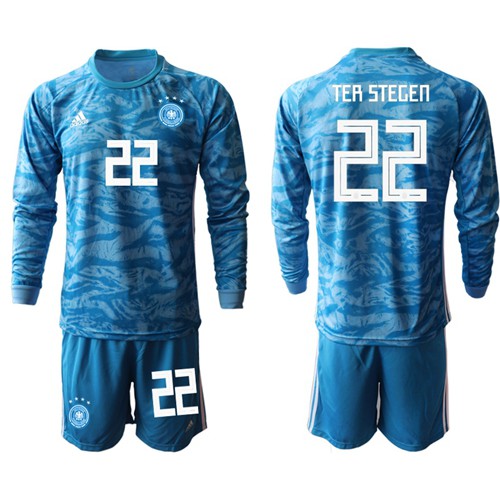 Germany #22 Ter Stegen Blue Goalkeeper Long Sleeves Soccer Country Jersey Germany #22 Ter Stegen Blue Goalkeeper Long Sleeves Soccer Country Jersey
