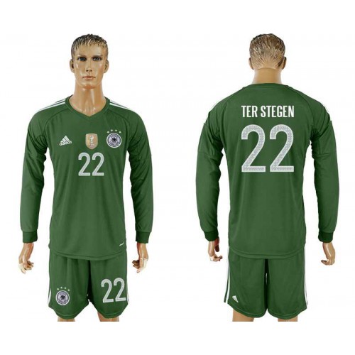 Germany #22 TER STEGEN Military Green Goalkeeper 2018 FIFA World Cup Long Sleeve Soccer Jersey Germany #22 TER STEGEN Military Green Goalkeeper 2018 FIFA World Cup Long Sleeve Soccer Jersey