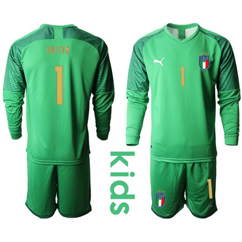 Italy #1 Buffon Green Goalkeeper Long Sleeves Kid Soccer Country Jersey Italy #1 Buffon Green Goalkeeper Long Sleeves Kid Soccer Country Jersey