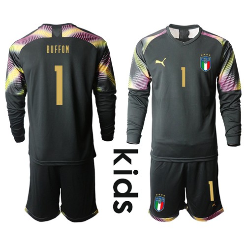 Italy #1 Buffon Black Goalkeeper Long Sleeves Kid Soccer Country Jersey Italy #1 Buffon Black Goalkeeper Long Sleeves Kid Soccer Country Jersey