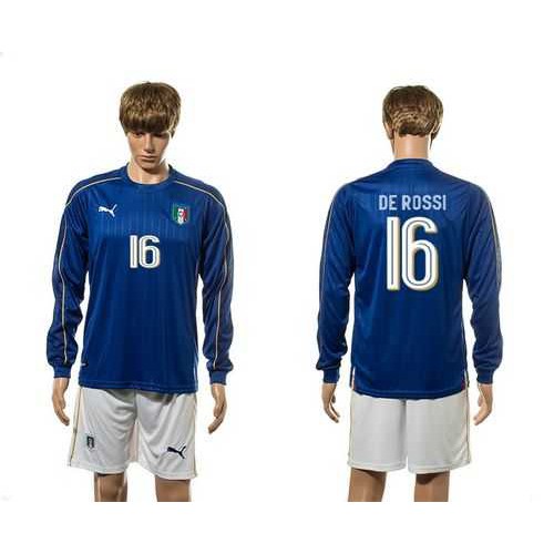 Italy #16 De Rossi Blue Home Long Sleeves Soccer Country Jersey Italy #16 De Rossi Blue Home Long Sleeves Soccer Country Jersey