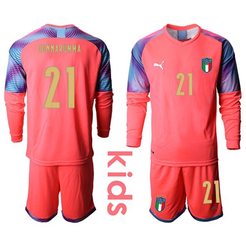 Italy #21 Donnarumma Pink Goalkeeper Long Sleeves Kid Soccer Country Jersey Italy #21 Donnarumma Pink Goalkeeper Long Sleeves Kid Soccer Country Jersey