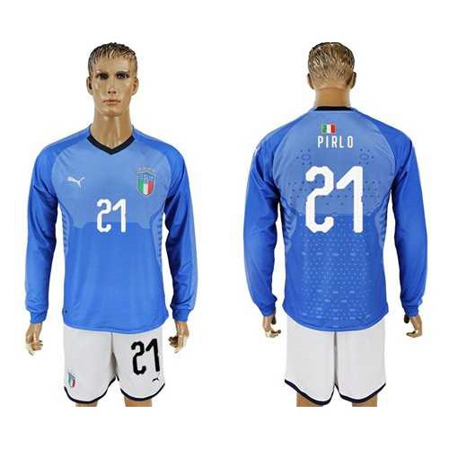 Italy #21 Pirlo Blue Home Long Sleeves Soccer Country Jersey Italy #21 Pirlo Blue Home Long Sleeves Soccer Country Jersey
