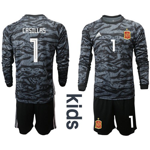 Spain #1 Casillas Black Long Sleeves Goalkeeper Kid Soccer Country Jersey Spain #1 Casillas Black Long Sleeves Goalkeeper Kid Soccer Country Jersey