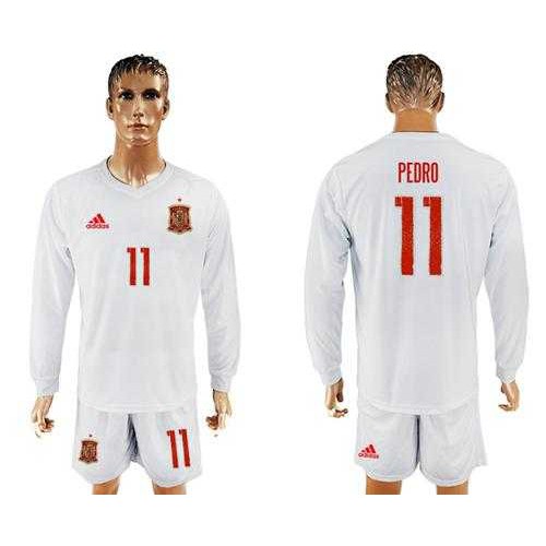 Spain #11 Pedro White Away Long Sleeves Soccer Country Jersey Spain #11 Pedro White Away Long Sleeves Soccer Country Jersey