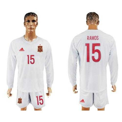 Spain #15 Ramos White Away Long Sleeves Soccer Country Jersey Spain #15 Ramos White Away Long Sleeves Soccer Country Jersey