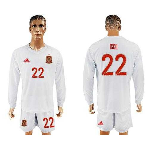 Spain #22 Isco White Away Long Sleeves Soccer Country Jersey Spain #22 Isco White Away Long Sleeves Soccer Country Jersey