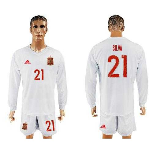 Spain #21 Silva White Away Long Sleeves Soccer Country Jersey Spain #21 Silva White Away Long Sleeves Soccer Country Jersey