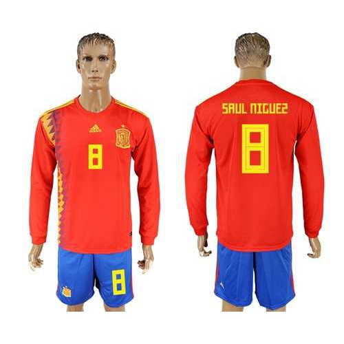 Spain #8 Saul Niguez Red Home Long Sleeves Soccer Country Jersey Spain #8 Saul Niguez Red Home Long Sleeves Soccer Country Jersey