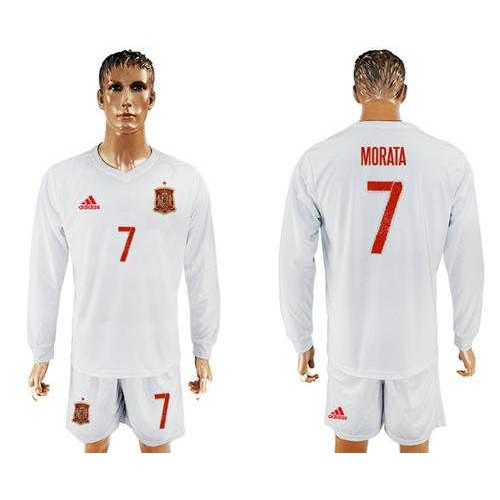 Spain #7 Morata White Away Long Sleeves Soccer Country Jersey Spain #7 Morata White Away Long Sleeves Soccer Country Jersey
